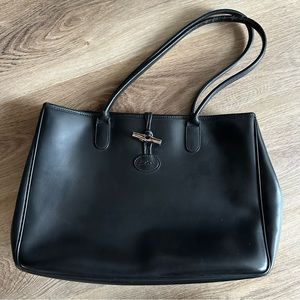 Longchamp black leather toggle tote bag